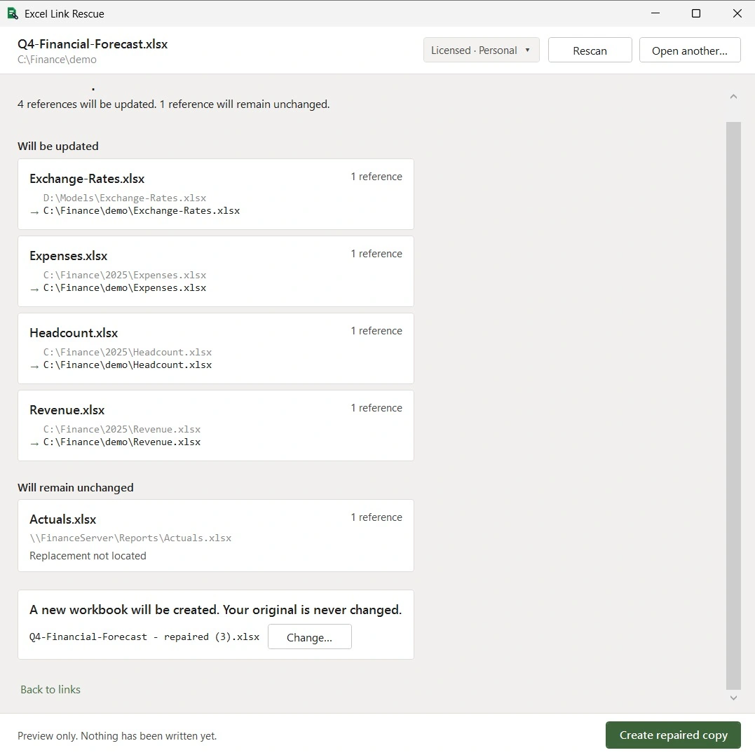 Excel Link Rescue previewing four workbook source replacements together with one reference left unchanged