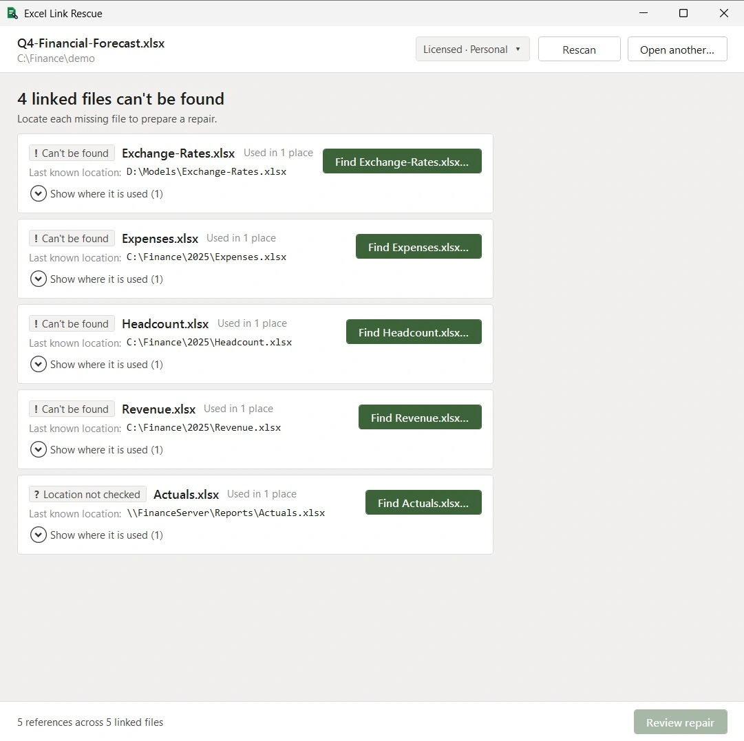 Excel Link Rescue showing external workbook links found in an Excel file