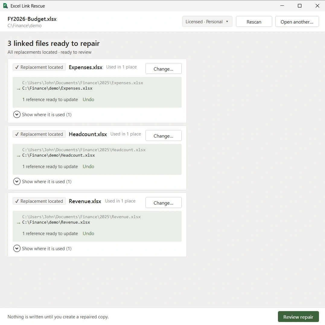 Excel Link Rescue showing three workbook sources moved from an old Finance folder to their new location