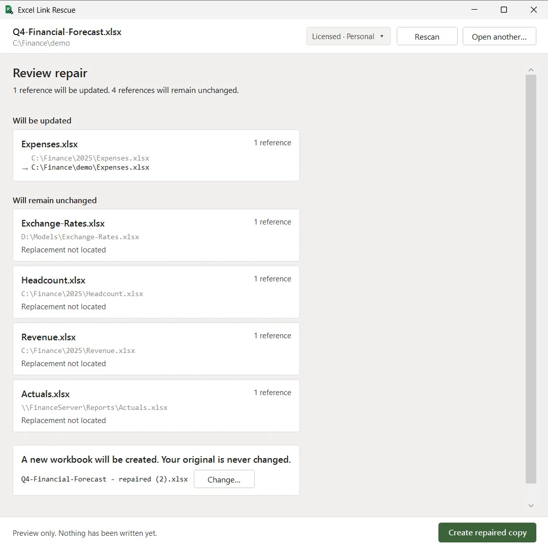 Excel Link Rescue repair preview showing which Excel links will change and which will remain unchanged