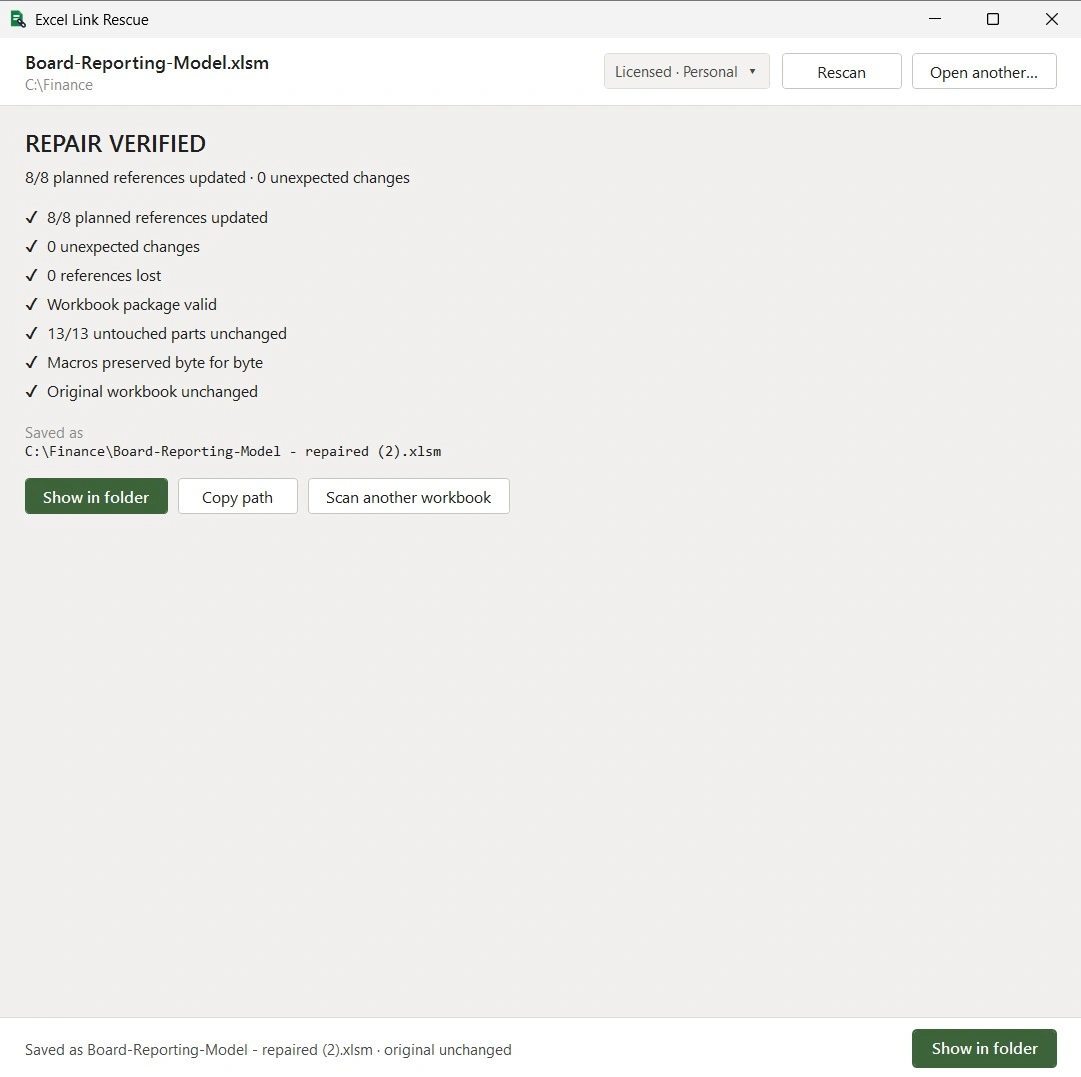 Excel Link Rescue verifying repaired XLSM links while preserving VBA macros byte for byte